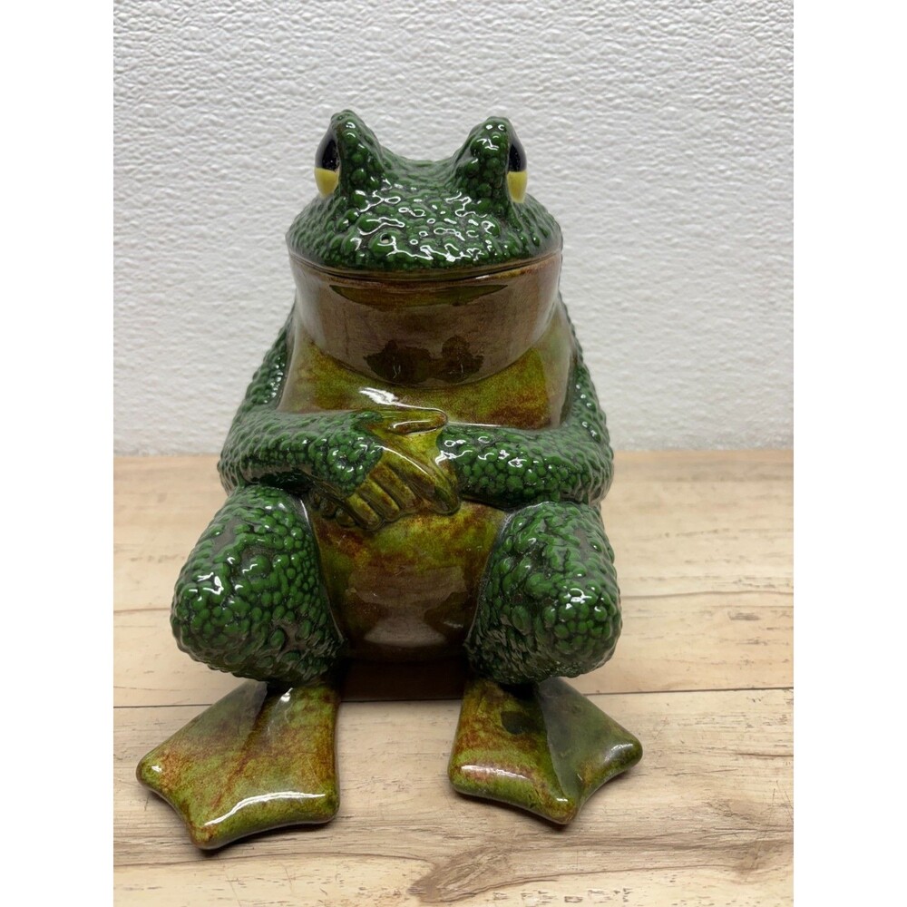 Vtg Glazed Ceramic Sitting Frog Figurine 7" Tall
